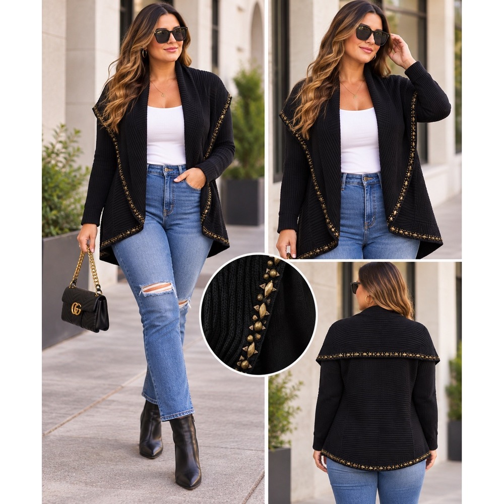 Adrienne Vittadini Black Ribbed Studded Open Front Cardigan Sweater XL